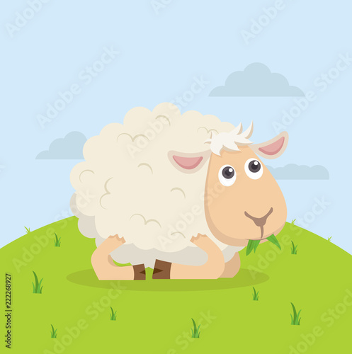 Cute sheep happy eat grass cartoon