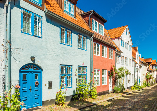 Obraz na płótnie View of a typical german-danish street with colored houses. Traditional architecture style. Flensburg, Germany w salonie