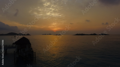 Aerial drone view of the sunrise in Redang Island, Terengganu, Malaysia.