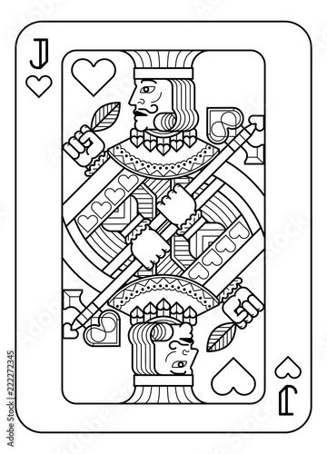 A playing card Jack of hearts in black and white from a new modern original complete full deck design. Standard poker size.