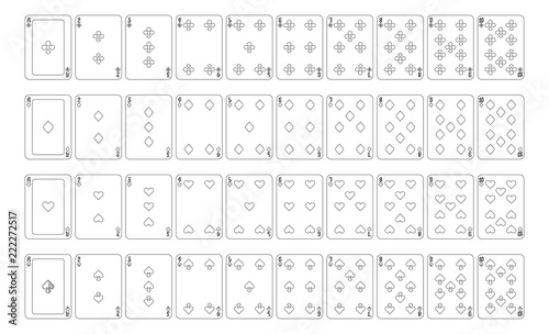 Playing cards deck set of aces and all number cards in black and white from 2 to 10 from a new modern original complete full deck design. Standard poker size.