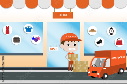 Storefront in city vector illustration, store building on town street landscape, flat cartoon style.