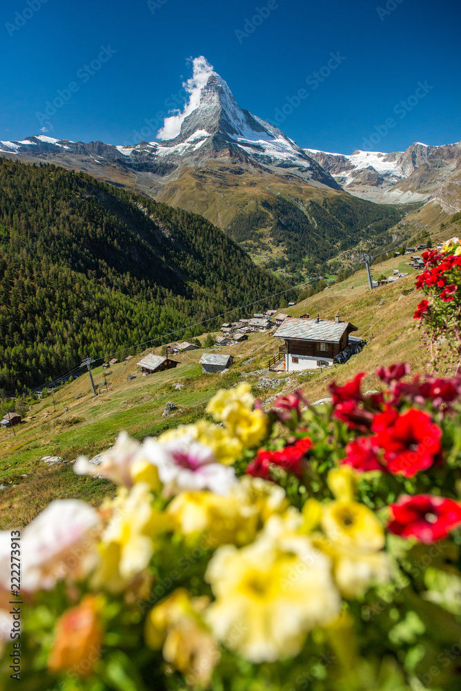 Ausblick aufs Matterhorn mit Geranien und Chalets StockFoto Adobe Stock