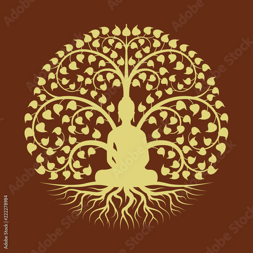 Gold buddha Meditate under Bodhi tree circle sign style vector design