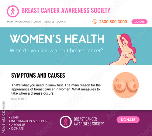 Vector Layout of Website about Breast Cancer. Design template with Logo, Slider in beautiful colors