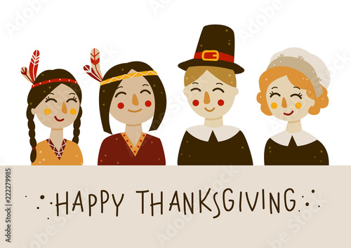 Thanksgiving greeting card with Indians and pilgrims at the table