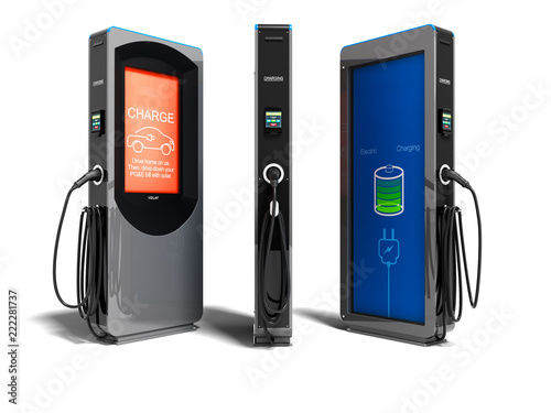 Modern electric refueling with payment outside for electric car front view 3d render on white background with shadow