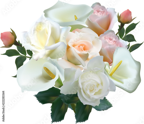 isolated lush bunch with roses flowers on white