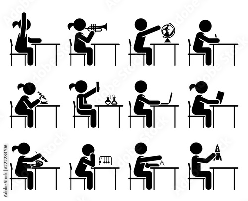 Collection of icons presenting education and different school subjects, science, art, history, geography, chemistry, maths, music, chemistry. Students in school attending classes. Pictogram icon set.