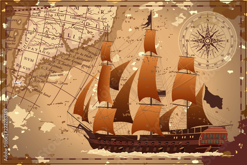 An old geographic map of the area with a ship and a compass. Vector image.