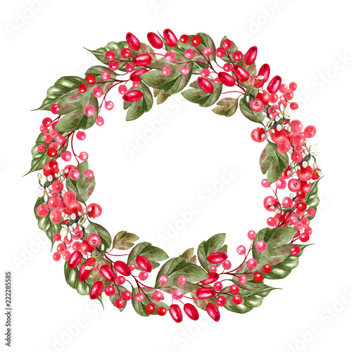 Watercolor Christmas wreath with hips of dog rosebranches. Illustration for greeting cards and invitations.  photo