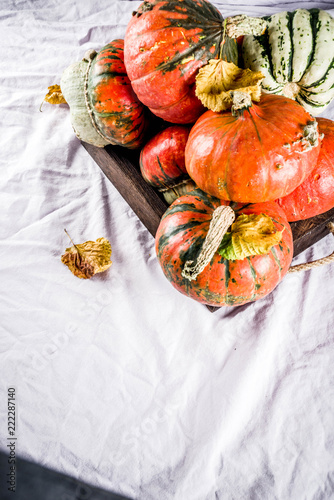 Little pumpkins on linen background