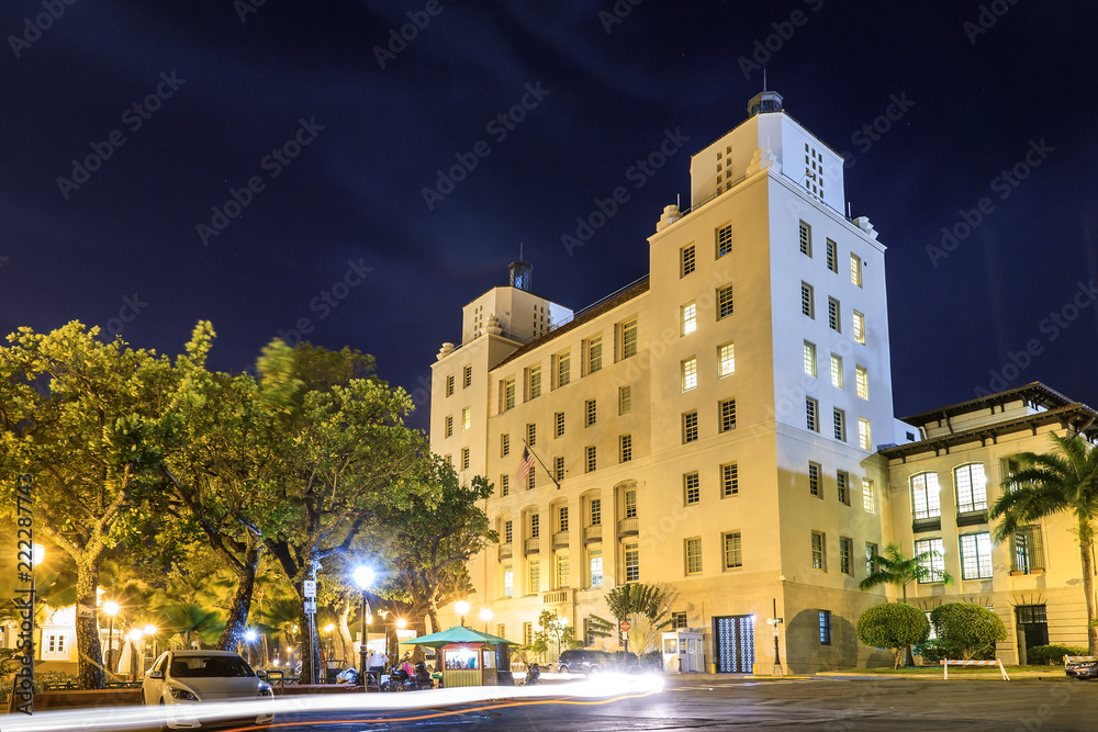 Jose V. Toledo federal building and courthouse in San Juan, Puerto Rico, at night

