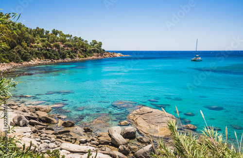 Sardinia turquoise water panoramic bay summer travel, vacation in Italy.