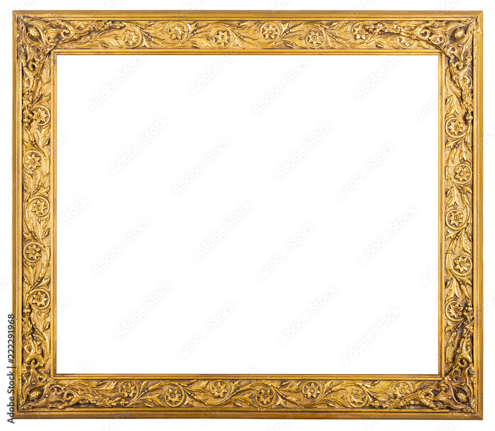 Ornate golden wooden picture frame isolated on a white background. Ornate golden wooden picture frame isolated on a white background.