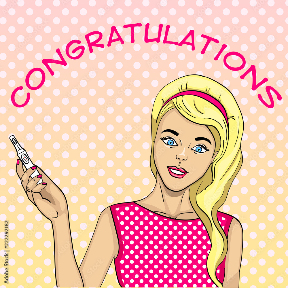 Girl with a test for pregnancy. Postcard, surprise, congratulation, announcement, text and news. Comic Style Pop Art raster Girl with a test for pregnancy. Postcard, surprise, congratulation, announcement, text and news. Comic Style Pop Art raster