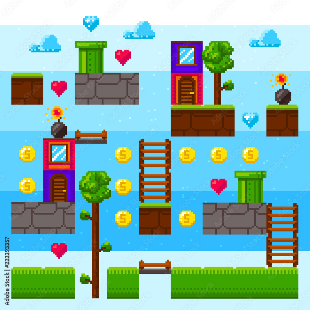 Pixel video game interface. Arcade vintage game. Pixel element foe retro game design. Day level