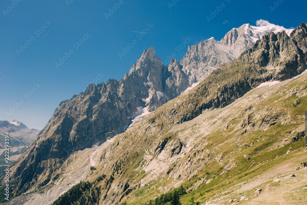 Landscape of high alps in the Mont Blanc massif, Courmayeur , Italy. Pavillon du Mont Frety