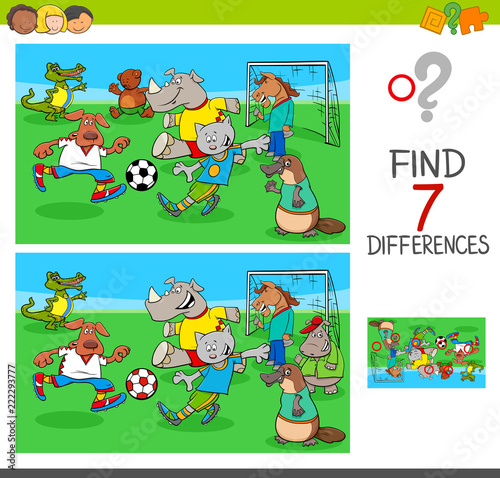 find differences game with animals playing soccer