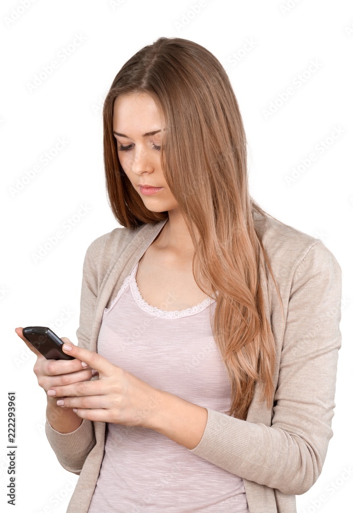 Young cute woman with phone isolated on white background Young cute woman with phone isolated on white background