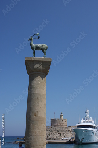 Mandraki harbor and bronze deer statues where the Colossus of Rhodes may have stood, Greece.