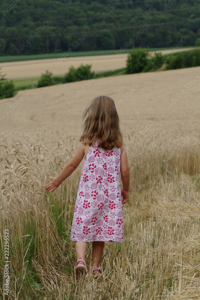 Little blonde girl walking on a wheat field Little blonde girl walking on a wheat field