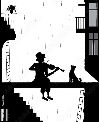 melody for friend, silhouette dog and violinist in the city, shadows black and white,