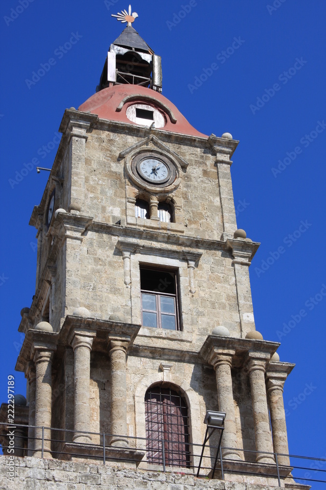 Medieval Clock Tower in the city of Rhodes in Rhodes island in Greece