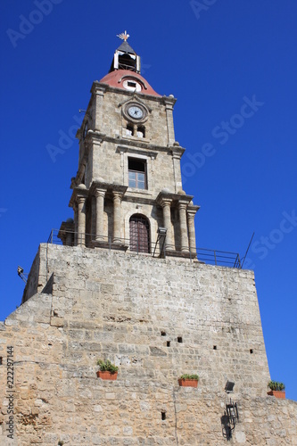 Medieval Clock Tower in the city of Rhodes in Rhodes island in Greece