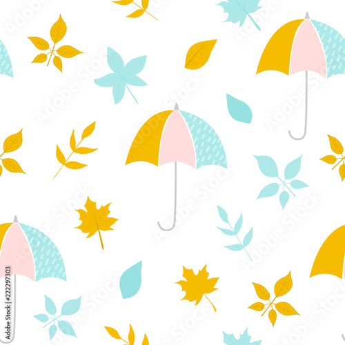 Seamless pattern with hand-drawn autumn leaves and umbrellas. Modern abstract design for paper, wallpaper, cover, fabric and other users. Vector illustration.