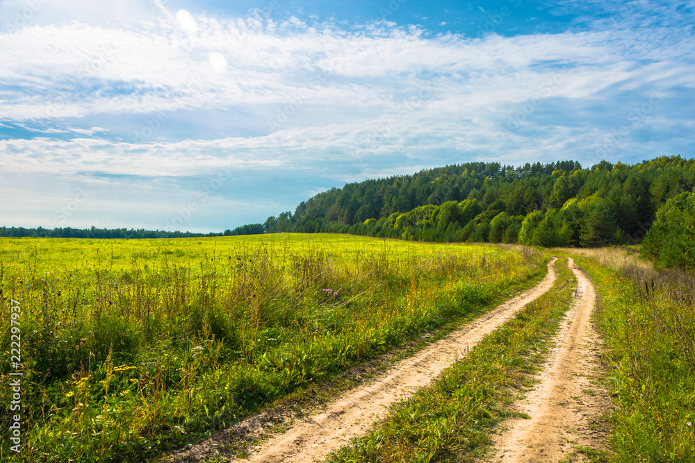 Landscape with a large field and a dirt road. Landscape with a large field and a dirt road.