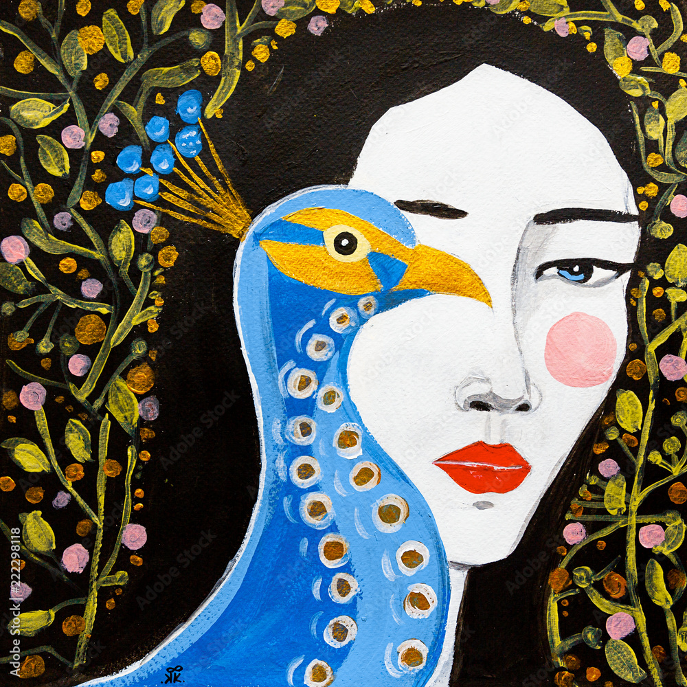 Fototapeta dipinto donna bella con pavone