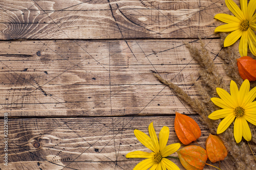 Autumn flowers on wooden background with copy space.