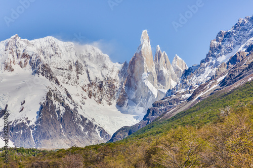 Panoramic picture of Cerro Torre taken from El Chalten hiking trail