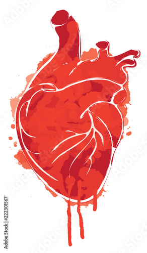 Vector red graphic abstract illustration of human heart with ink blots, drops and drips. Bloody heart with spots and splashes on white background. T-shirt design template