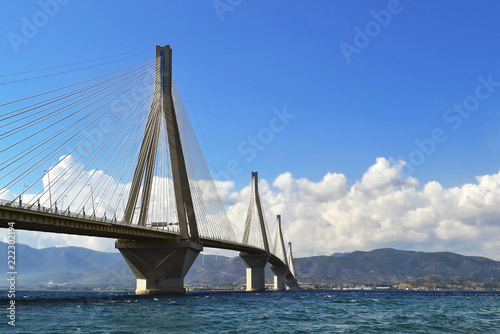 the Rio Antirio bridge or Charilaos Trikoupis bridge, one of the longest cable - stayed bridges of the world, crosses the Gulf of Corinth and linking the Peloponnese with the mainland Greece © photo_stella