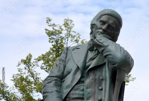 Robert-Schumann-Denkmal mit Baum und blauem Himmel im Hintergrund photo