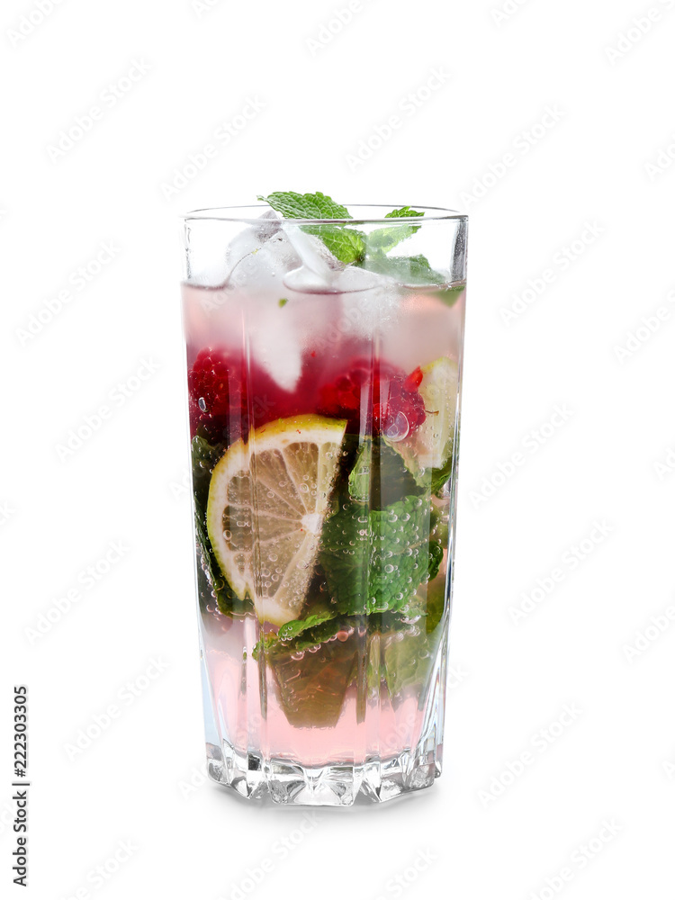 Glass of fresh raspberry mojito on white background Glass of fresh raspberry mojito on white background