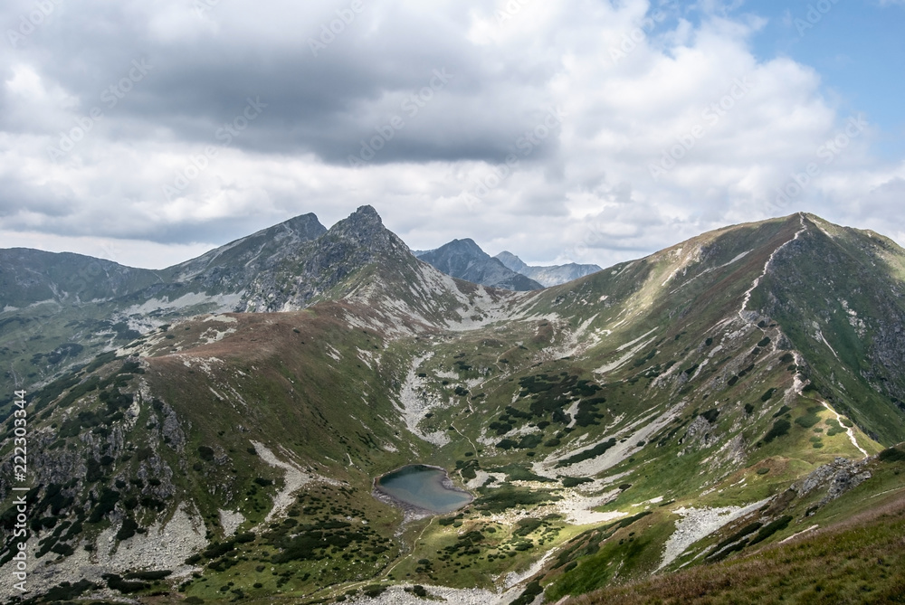 Rohace mountain group with Nizne Jamnicke pleso lake and peaks in Zapadne Tatry mountains in Slovakia