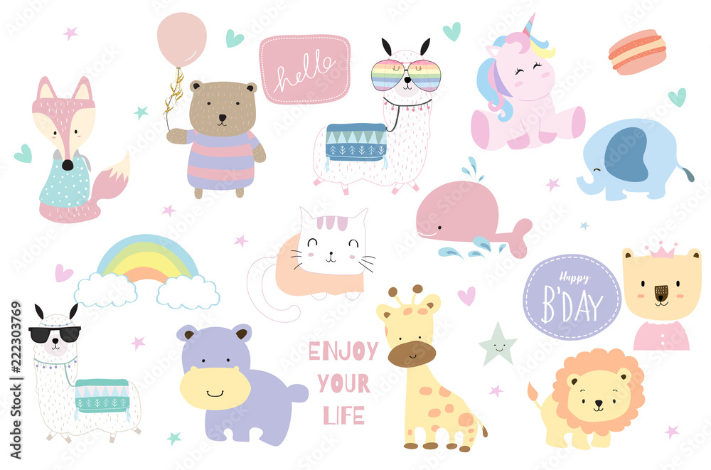 Cute pastel animal icon with fox,bear,llama,unicorn,lion,giraffe,hippopotamus,cat,elepahnt and rainbow