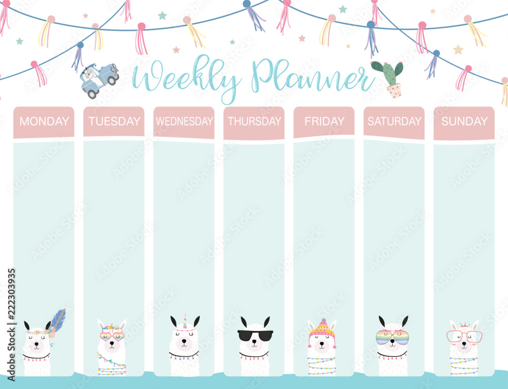 Pastel weekly calendar planner with llama,alpaca,cactus,glasses and car - obrazy, fototapety, plakaty 