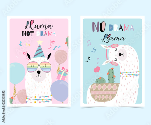 Blue pink hand drawn cute card with llama, glasses,cactus in summer.No drama llama, Llama not drama