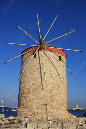The historic Mandraki Windmills in Rhodes Town, Mediterranean Sea, Rhodes Island, Greece