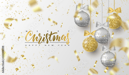 Merry Christmas and Happy New Year.Trendy background for holiday greeting card, invitation, party flyer, poster, banner. Silver, gold, shiny tree balls and confetti. Vector illustration.
