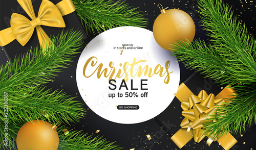 Merry Christmas and Happy New Year background for holiday greeting card, invitation, party flyer, poster, banner. Christmas tree balls, fir branches, gift box and confetti. Vector illustration.