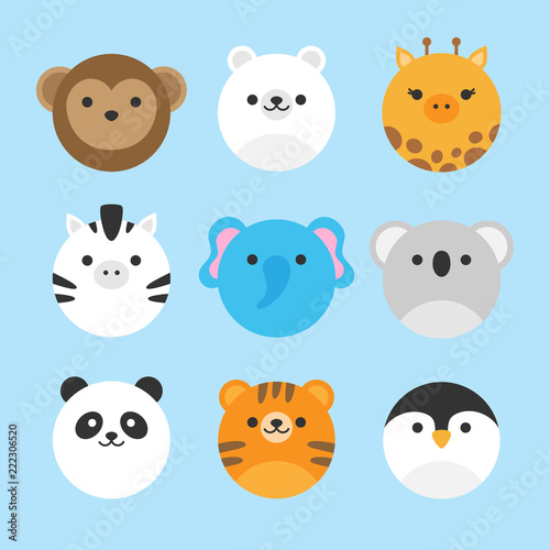 Fototapeta Naklejka Na Ścianę i Meble -  Cute vector icon set of zoo animals. Round animal illustrations; monkey, polar bear, giraffe, zebra, elephant, koala bear, panda bear, tiger and penguin. Isolated on baby blue background.