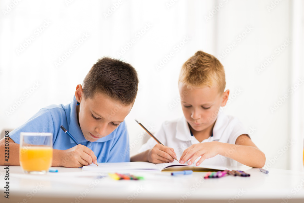 Young boys writing in notebooks at home Young boys writing in notebooks at home