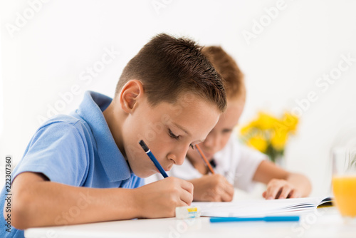 Young boys writing in notebooks at home