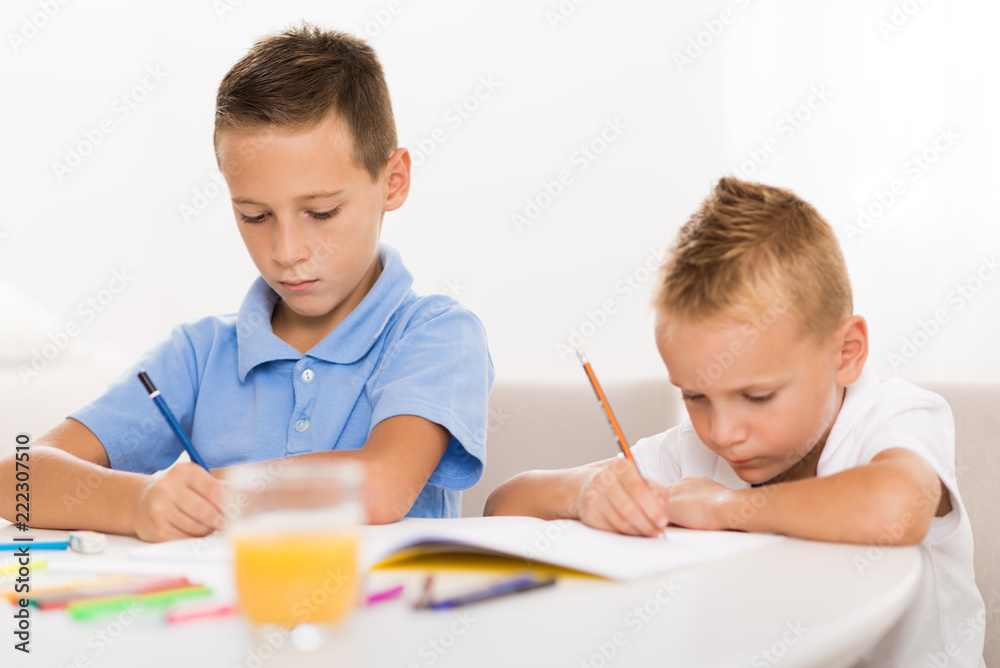 Young boys writing in notebooks at home Young boys writing in notebooks at home