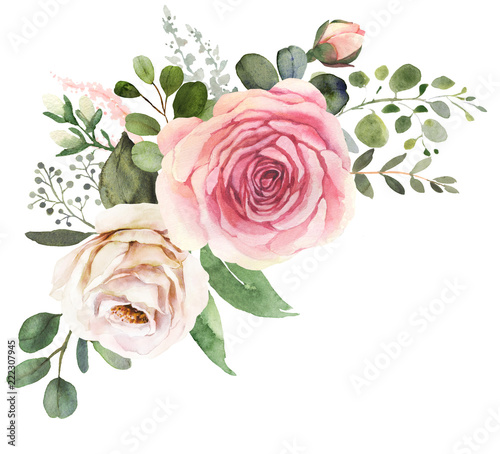 Watercolor floral bouquet composition with roses and eucalyptus